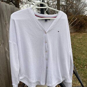 Tommy Hilfiger White Waffle Knit Cardigan Oversized Small Preppy Classic Logo